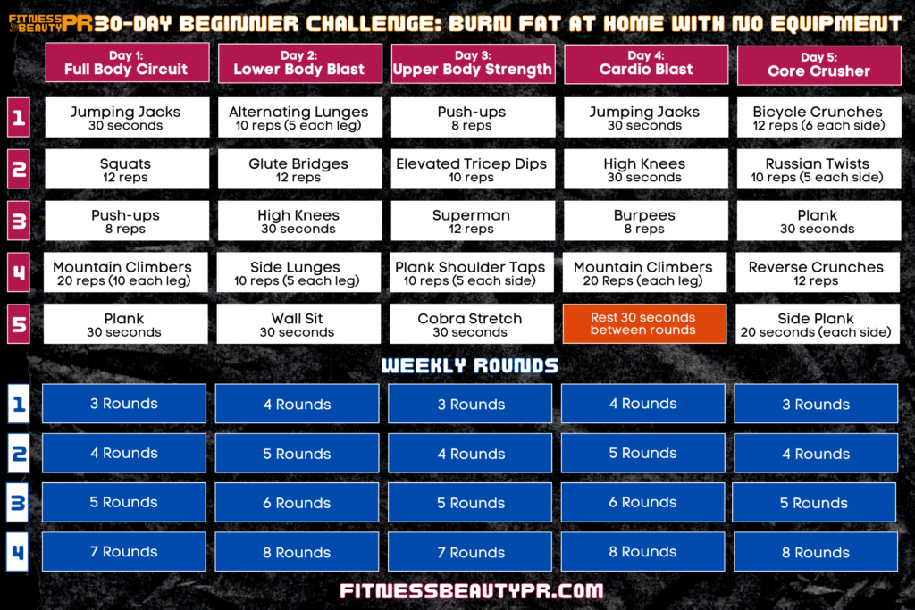 FitnessBeautyPR 30-Day Beginner Challenge Burn Fat at Home with No Equipment