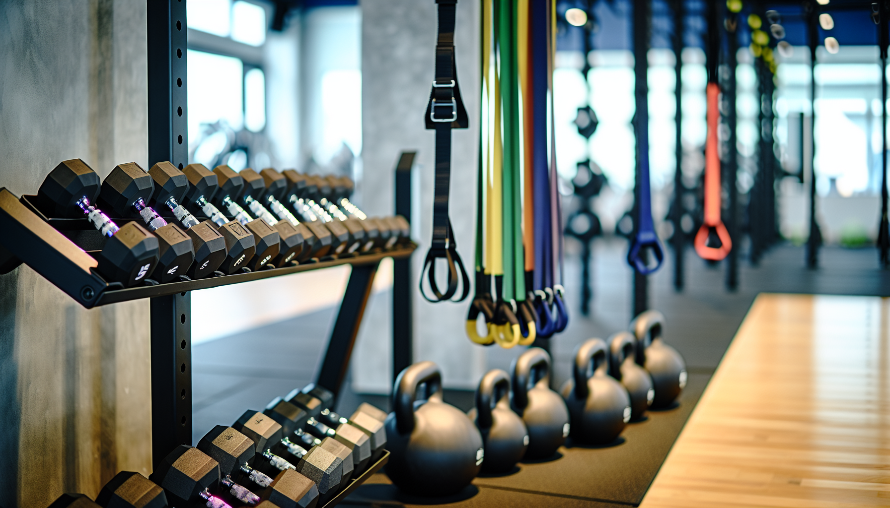 Various free weight options including dumbbells, barbells, and kettlebells