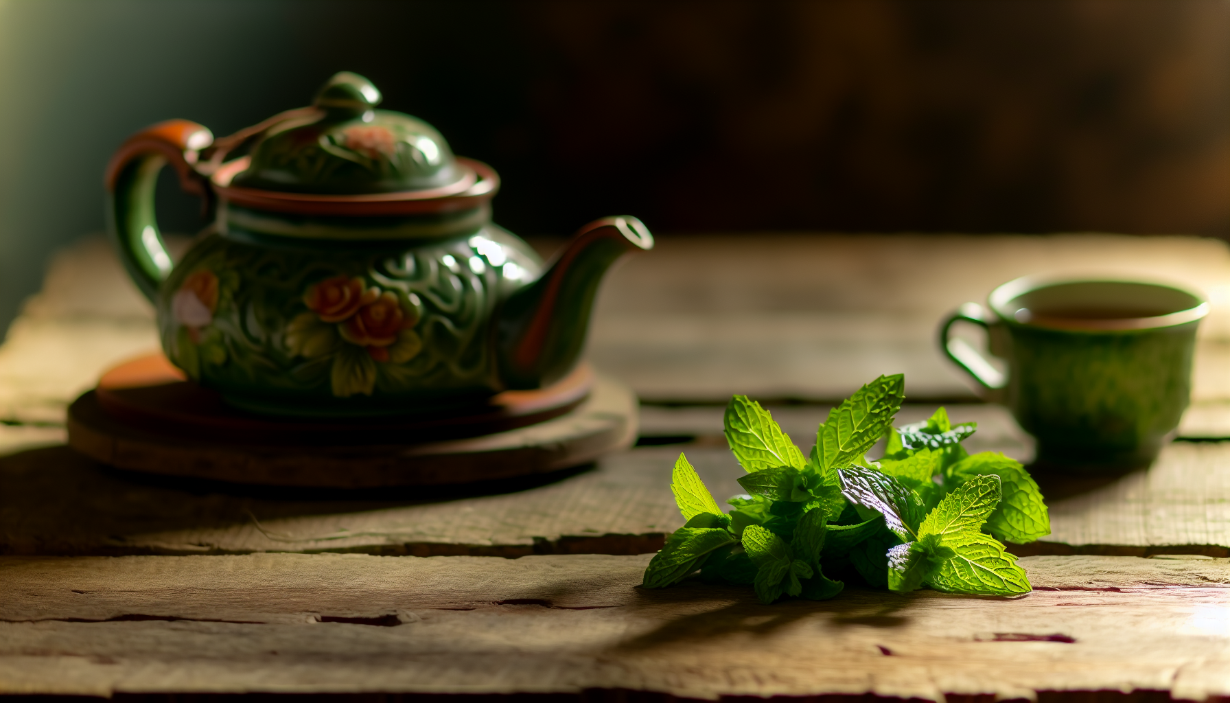 Peppermint leaves and a teapot