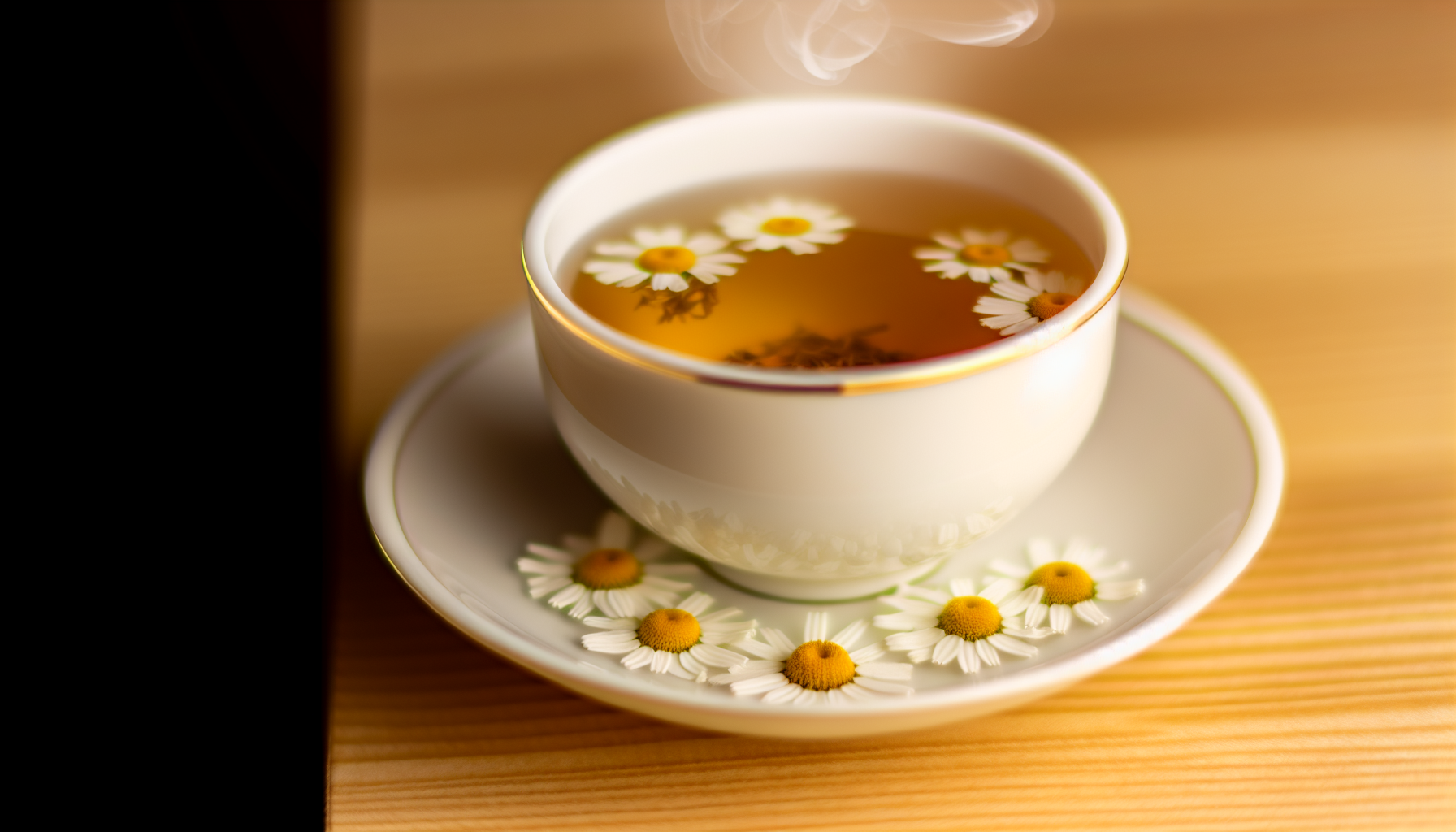 Cup of chamomile tea with chamomile flowers