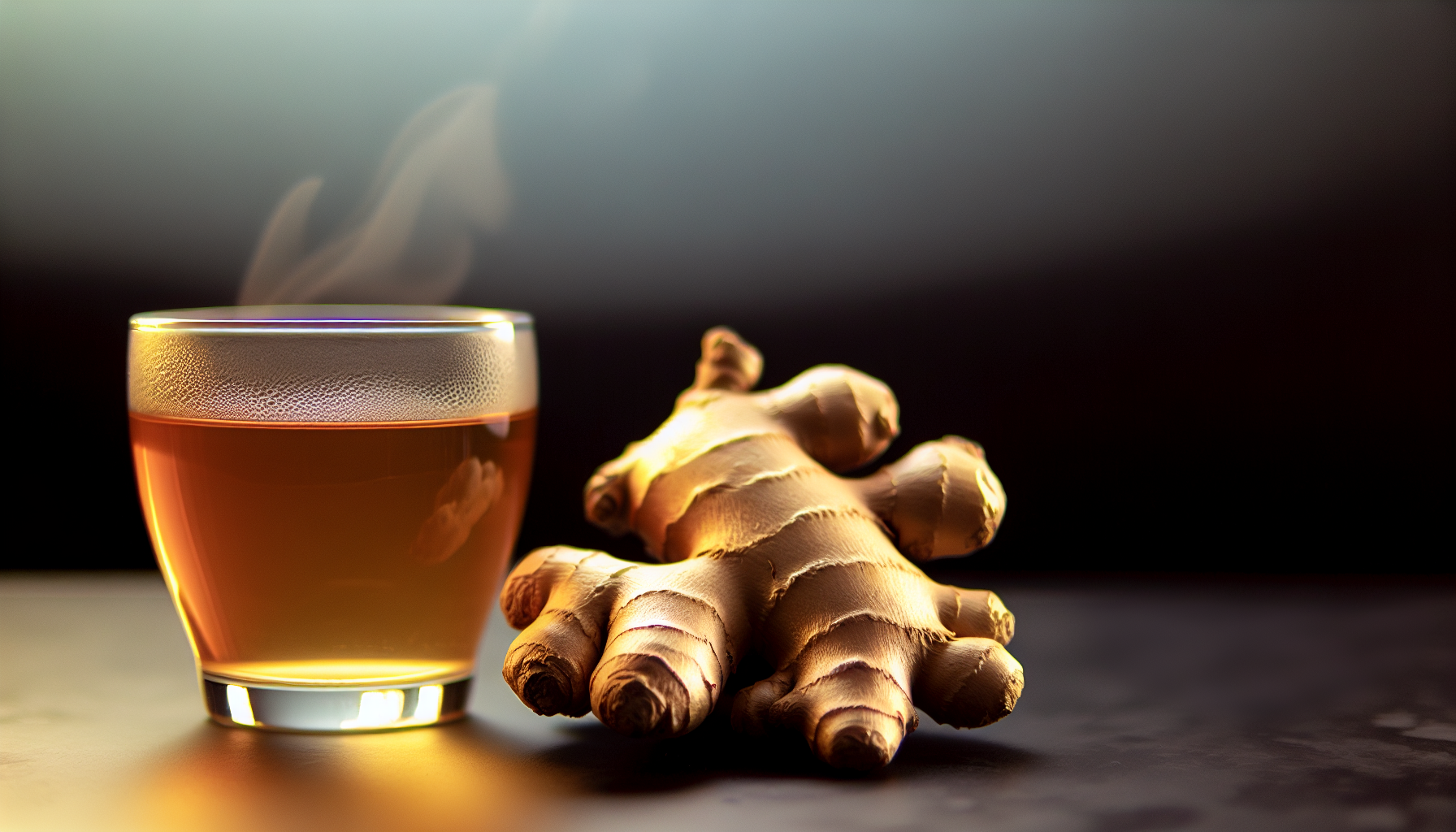 Fresh ginger root and a cup of ginger tea