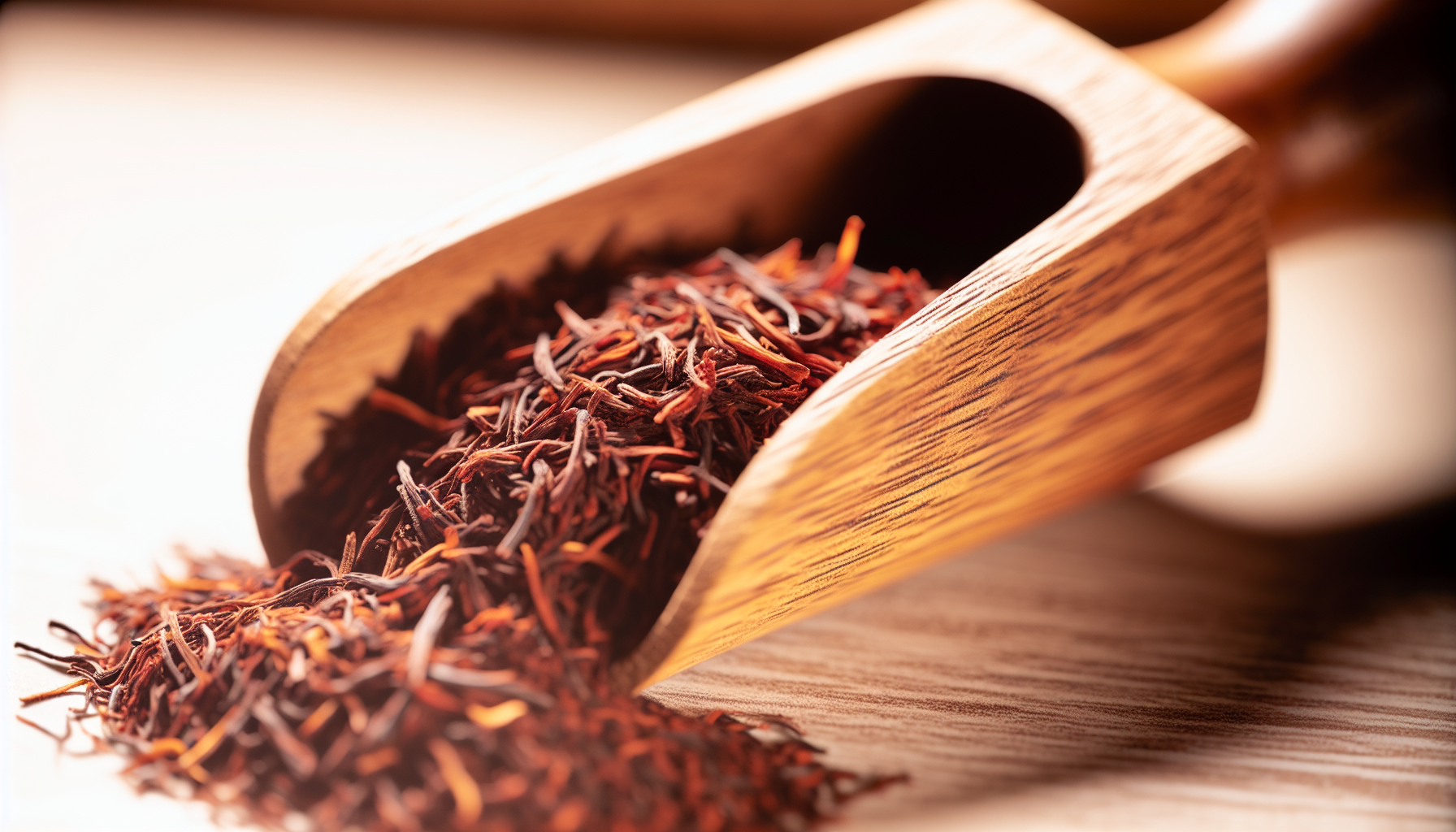 Rooibos tea leaves and a wooden scoop